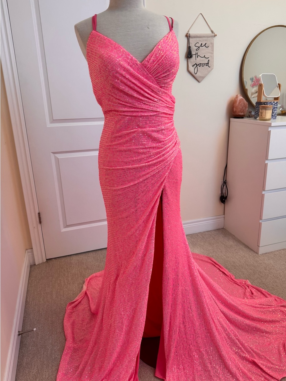 Alyce Paris Hot Pink Sparkle Ruched Prom Gown